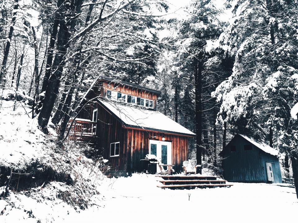 Snow-covered house and yard surrounded by snowy trees